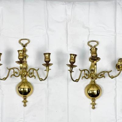 Lot W 672 Pair of Vintage Brass Wall Candelabras/ Three Arm Wall Sconce