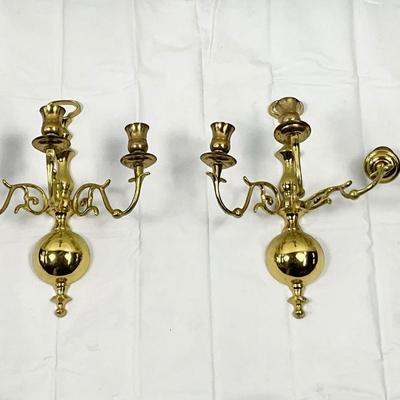 Lot W 672 Pair of Vintage Brass Wall Candelabras/ Three Arm Wall Sconce
