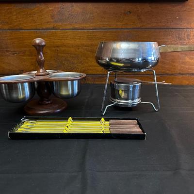 Vintage Wood & Stainless Steel Fondue Set