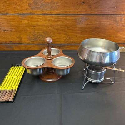 Vintage Wood & Stainless Steel Fondue Set