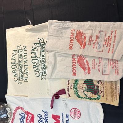 Vintage Oil & Vinegar Glass Decanters & Rice and Grits Cloth Sacks