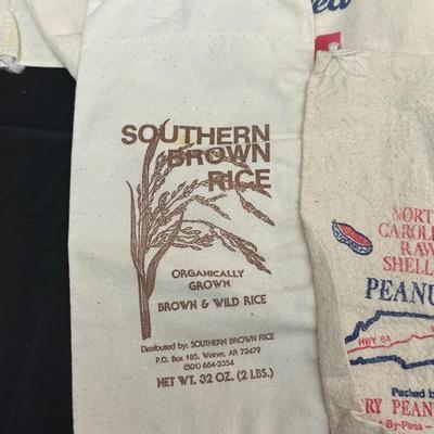 Vintage Oil & Vinegar Glass Decanters & Rice and Grits Cloth Sacks