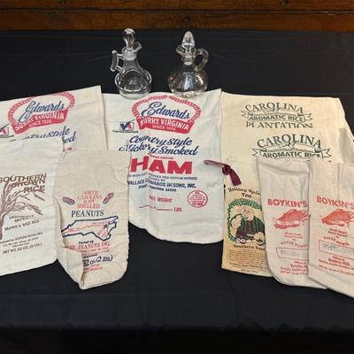 Vintage Oil & Vinegar Glass Decanters & Rice and Grits Cloth Sacks