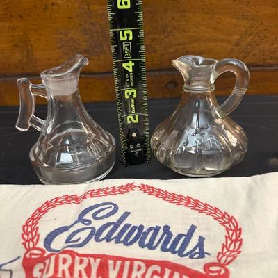 Vintage Oil & Vinegar Glass Decanters & Rice and Grits Cloth Sacks