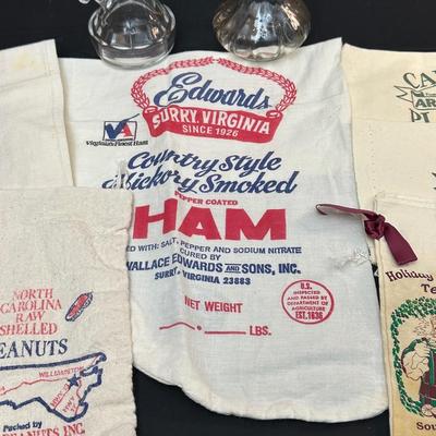 Vintage Oil & Vinegar Glass Decanters & Rice and Grits Cloth Sacks