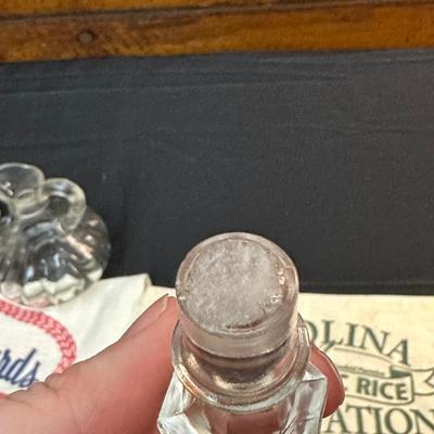 Vintage Oil & Vinegar Glass Decanters & Rice and Grits Cloth Sacks