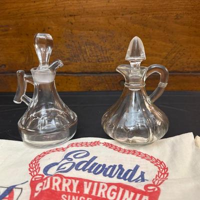 Vintage Oil & Vinegar Glass Decanters & Rice and Grits Cloth Sacks