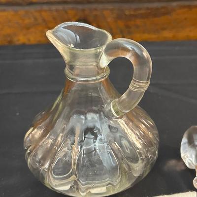 Vintage Oil & Vinegar Glass Decanters & Rice and Grits Cloth Sacks