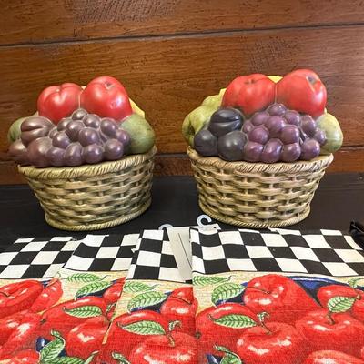 Two Ceramic Fruit Holders with Removable Lids & Dish Towels