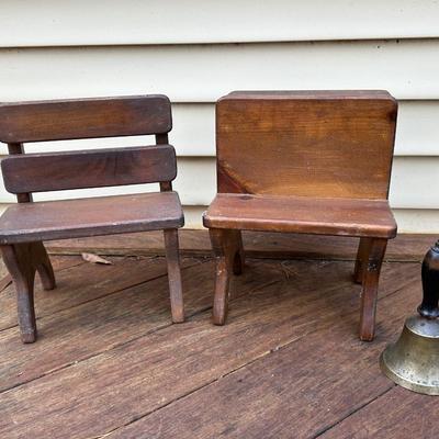 Vintage Miniature School Wooden Benches and Bell