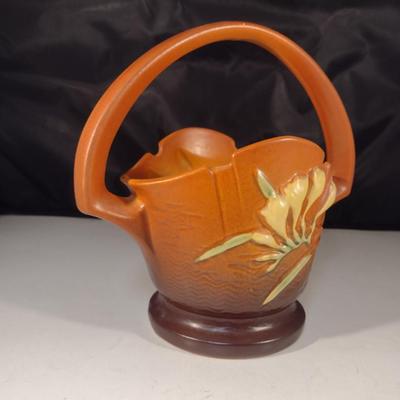 Vintage Roseville USA Pottery Freesia 391 Basket Shaped Planter- Approx 8" in Diameter