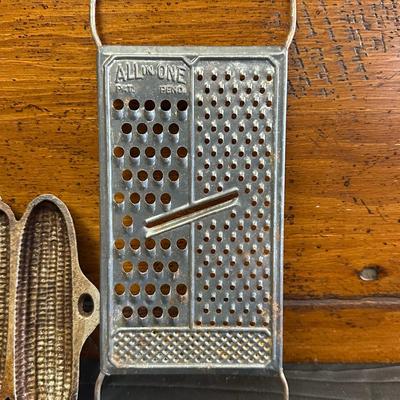 Vintage Kitchen Utensils and Cast Iron Corn Plate