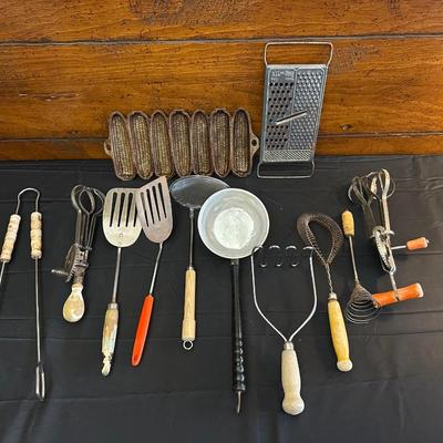 Vintage Kitchen Utensils and Cast Iron Corn Plate