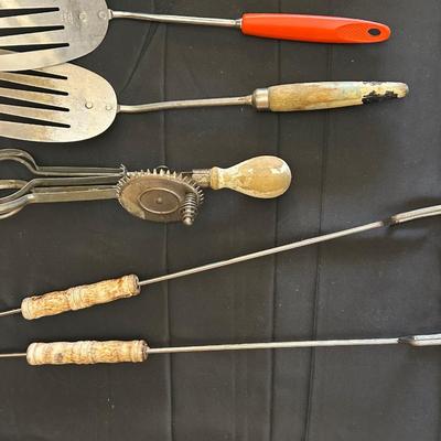 Vintage Kitchen Utensils and Cast Iron Corn Plate