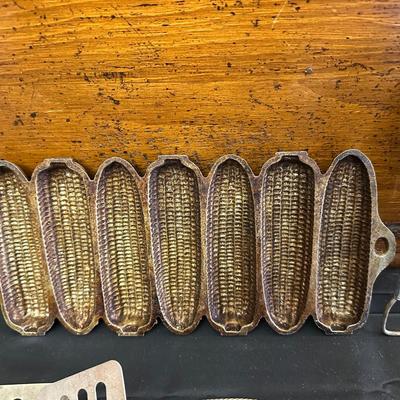 Vintage Kitchen Utensils and Cast Iron Corn Plate