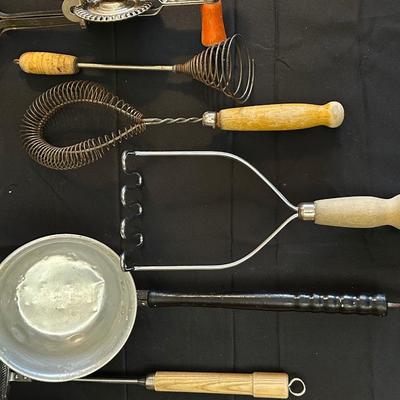 Vintage Kitchen Utensils and Cast Iron Corn Plate