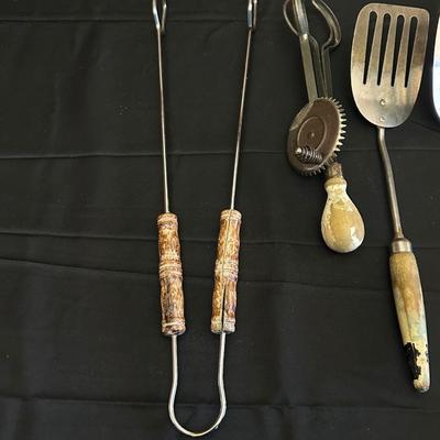 Vintage Kitchen Utensils and Cast Iron Corn Plate