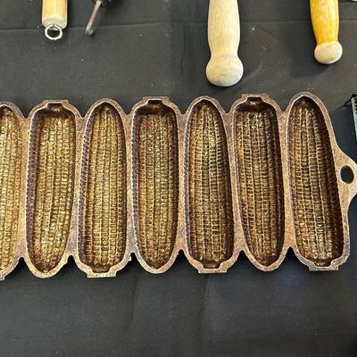 Vintage Kitchen Utensils and Cast Iron Corn Plate