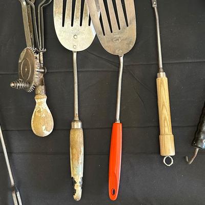 Vintage Kitchen Utensils and Cast Iron Corn Plate