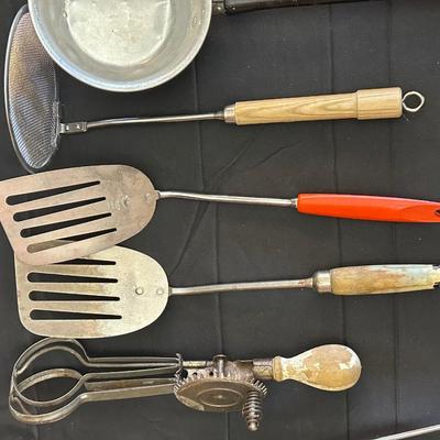 Vintage Kitchen Utensils and Cast Iron Corn Plate