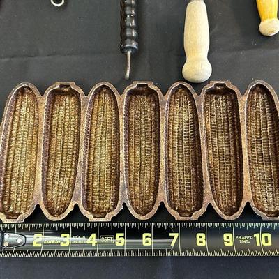 Vintage Kitchen Utensils and Cast Iron Corn Plate