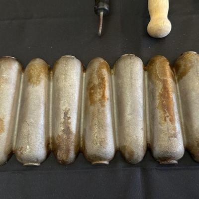 Vintage Kitchen Utensils and Cast Iron Corn Plate