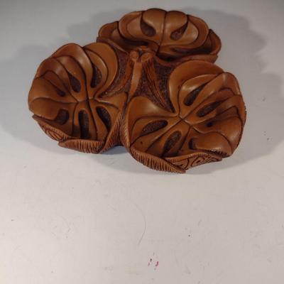 Carved Hawaiian Hapawood Monstera Leaf Design Three Section Tidbit Server