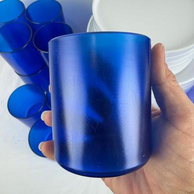 1074 Vintage Heller Plastic Melamine Plates & Blue Tumblers