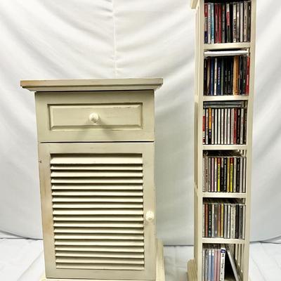 Lot P 674 Vintage Pier 1 Imports Off-White Distressed Nightstand & Pier 1 Imports Off-White Distressed CD Stand with CD’s