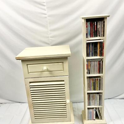 Lot P 674 Vintage Pier 1 Imports Off-White Distressed Nightstand & Pier 1 Imports Off-White Distressed CD Stand with CD’s