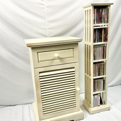 Lot P 674 Vintage Pier 1 Imports Off-White Distressed Nightstand & Pier 1 Imports Off-White Distressed CD Stand with CD’s