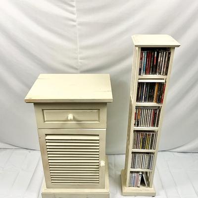 Lot P 674 Vintage Pier 1 Imports Off-White Distressed Nightstand & Pier 1 Imports Off-White Distressed CD Stand with CD’s