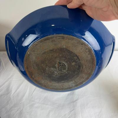 1081 Chantal Enamel Pot, Dansk Blue Baking Dish, Copco Paella Pan, and Yellow Tea Pot