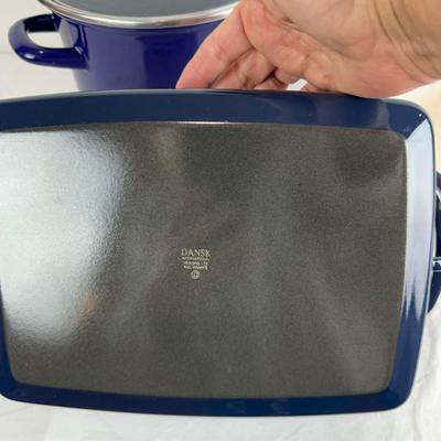 1081 Chantal Enamel Pot, Dansk Blue Baking Dish, Copco Paella Pan, and Yellow Tea Pot