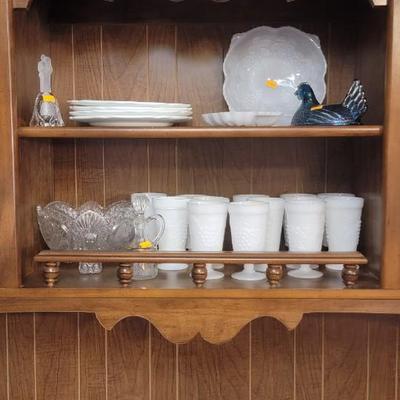 Milk glass, red dishes