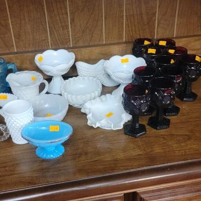 Milk glass, red dishes
