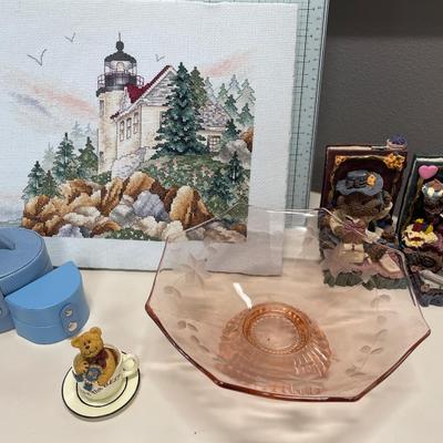 Pink depression, bowl, trinket boxes, teddy bear, bookends, and needlepoint picture of lighthouse