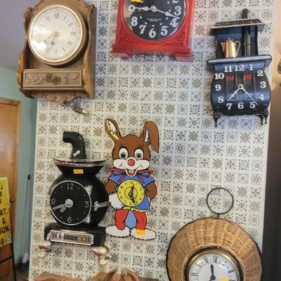 Nine wall clocks