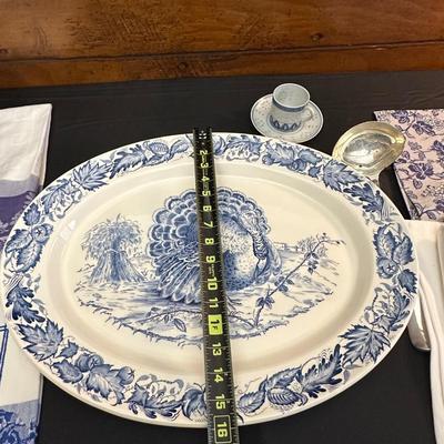 Large Royal Staffordshire Dinnerware Plate Made in England and Various Crisp Blue Patterend Dish Towels