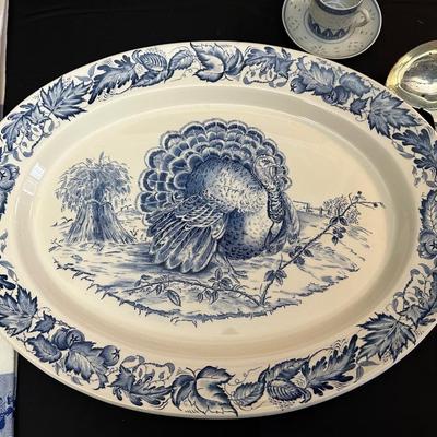 Large Royal Staffordshire Dinnerware Plate Made in England and Various Crisp Blue Patterend Dish Towels