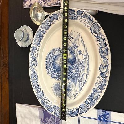 Large Royal Staffordshire Dinnerware Plate Made in England and Various Crisp Blue Patterend Dish Towels