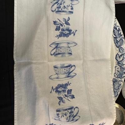 Large Royal Staffordshire Dinnerware Plate Made in England and Various Crisp Blue Patterend Dish Towels