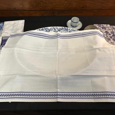 Large Royal Staffordshire Dinnerware Plate Made in England and Various Crisp Blue Patterend Dish Towels