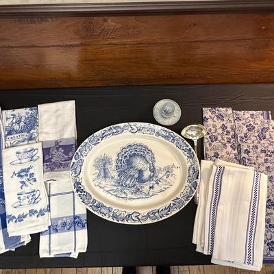 Large Royal Staffordshire Dinnerware Plate Made in England and Various Crisp Blue Patterend Dish Towels