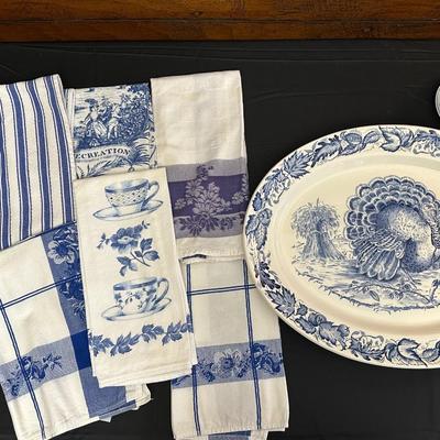 Large Royal Staffordshire Dinnerware Plate Made in England and Various Crisp Blue Patterend Dish Towels
