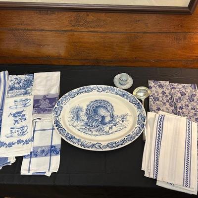 Large Royal Staffordshire Dinnerware Plate Made in England and Various Crisp Blue Patterend Dish Towels