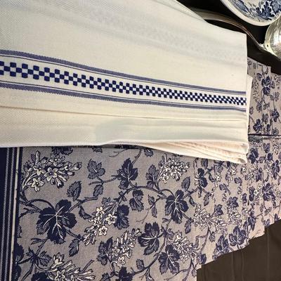 Large Royal Staffordshire Dinnerware Plate Made in England and Various Crisp Blue Patterend Dish Towels