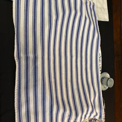 Large Royal Staffordshire Dinnerware Plate Made in England and Various Crisp Blue Patterend Dish Towels