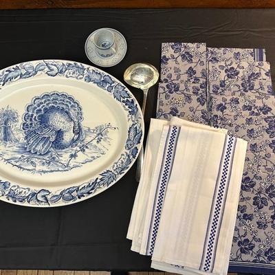Large Royal Staffordshire Dinnerware Plate Made in England and Various Crisp Blue Patterend Dish Towels