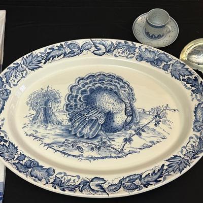 Large Royal Staffordshire Dinnerware Plate Made in England and Various Crisp Blue Patterend Dish Towels